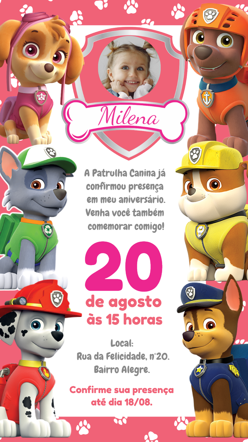 Convite Aniversário Patrulha Canina Skye com Foto para Editar Convite Aniversário Patrulha Canina Skye com Foto para Editar