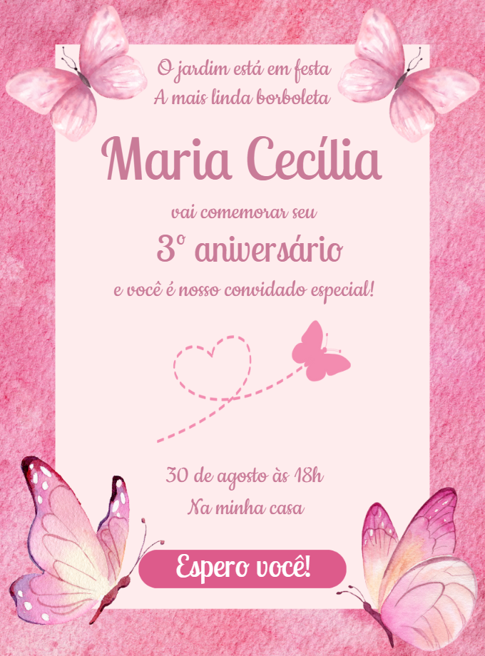 Convite Aniversário Borboleta Rosa Aquarela para Editar Online Convite Aniversário Borboleta Rosa Aquarela para Editar Online
