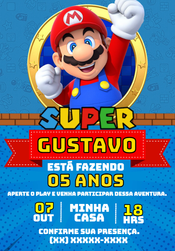 Convite de Aniversário Super Mario Editável Online Convite de Aniversário Super Mario Editável Online