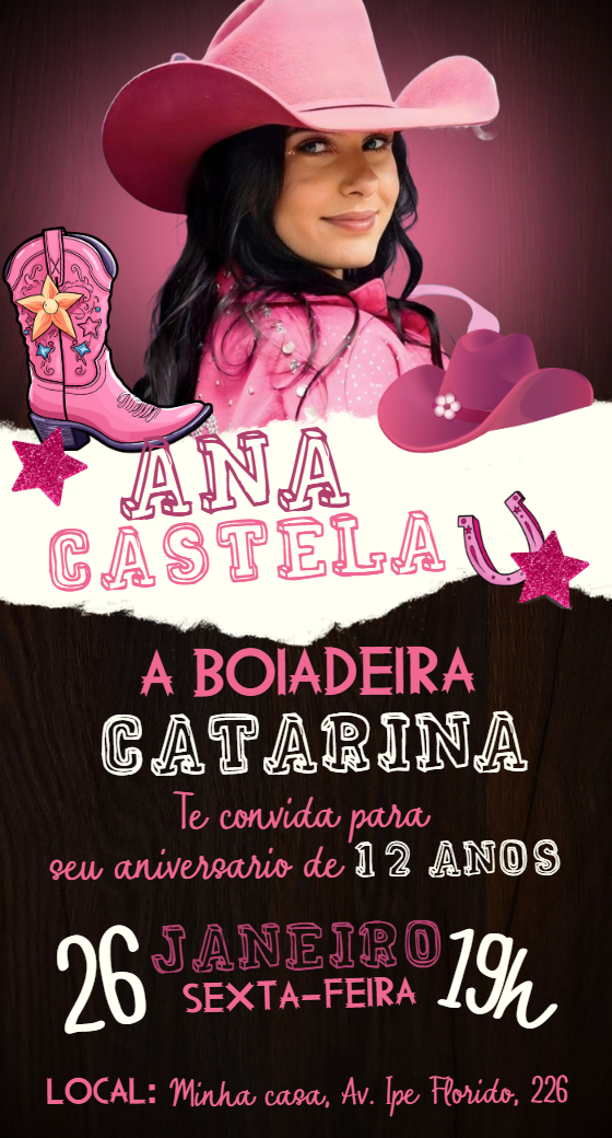 Convite Aniversário Boiadeira Rosa para Editar Online Convite Aniversário Boiadeira Rosa para Editar Online