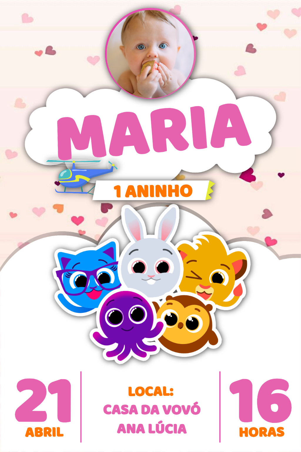 Convite de Aniversário Bolofofos Rosa com Foto para Editar Convite de Aniversário Bolofofos Rosa com Foto para Editar