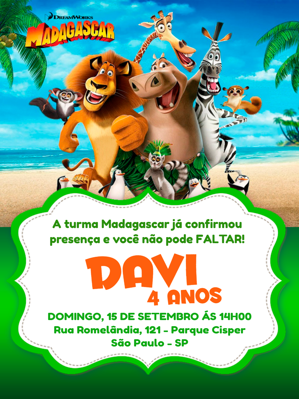 Convite de Aniversário Madagascar com Personagens para Editar Online Convite de Aniversário Madagascar com Personagens para Editar Online