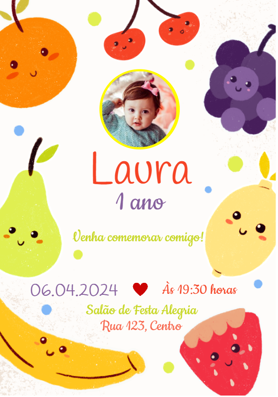 Convite Aniversário Frutinhas com Foto para Editar Online Convite Aniversário Frutinhas com Foto para Editar Online