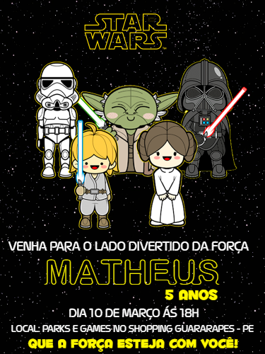 Convite Aniversário Star Wars com Personagens para Editar Online