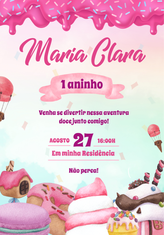 Convite de Aniversário Mundo Doce Editável para Menina Convite de Aniversário Mundo Doce Editável para Menina