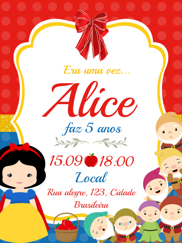 Convite Aniversário Branca de Neve e os Sete Anões para Editar Convite Aniversário Branca de Neve e os Sete Anões para Editar