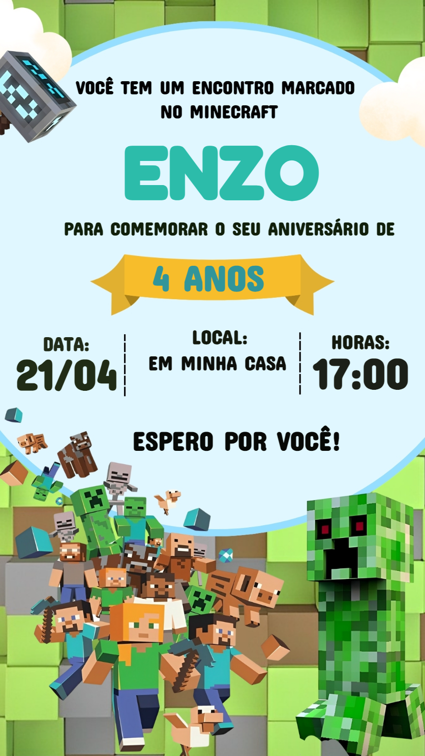 Convite de Aniversário Minecraft com Personagens para Editar Online Convite de Aniversário Minecraft com Personagens para Editar Online