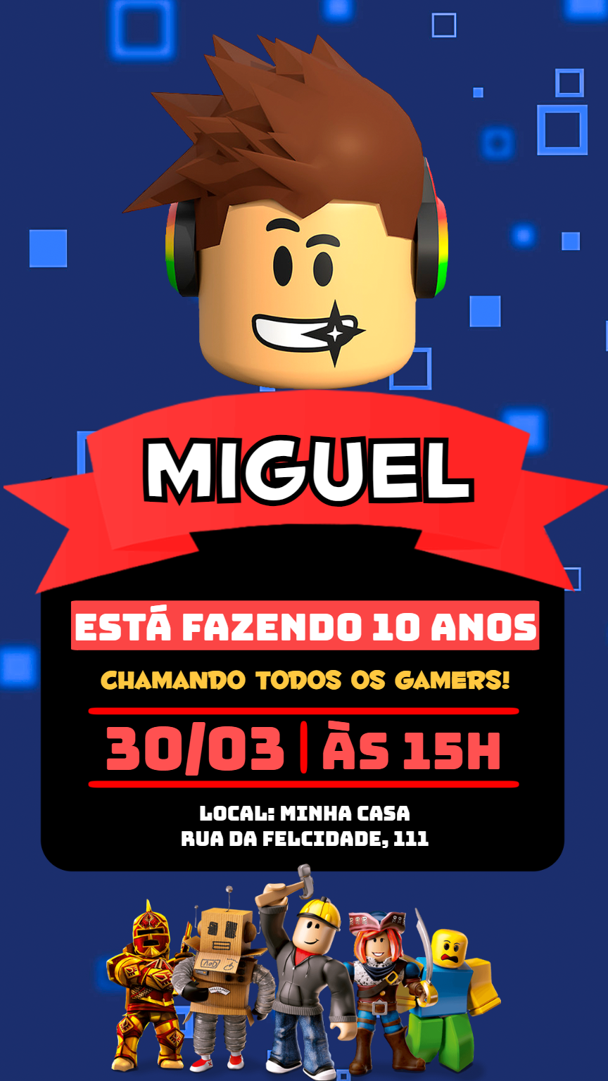 Convite Aniversário Roblox com Personagens para Editar