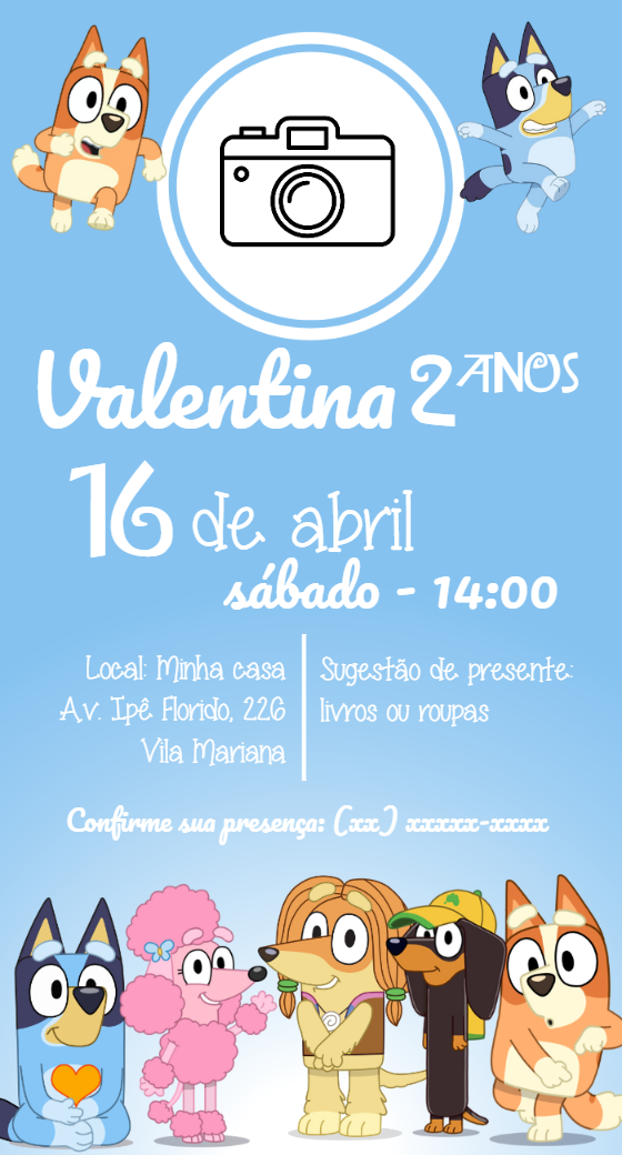 Convite Aniversário Bluey e Bingo com Foto para Editar Online