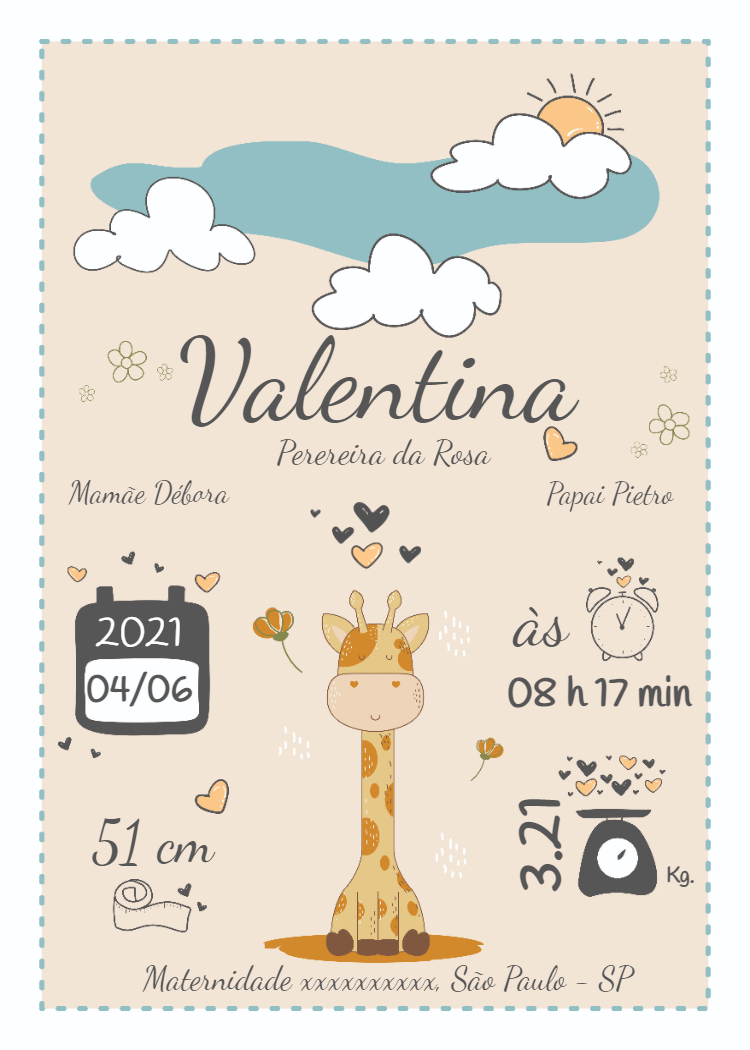 Quadro Nascimento Girafinha Fofa para Editar Online
