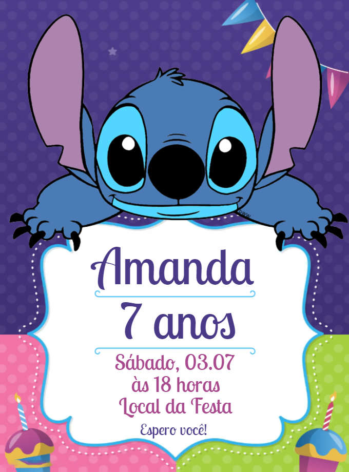 Convite de Aniversário Stitch para Editar Online Convite de Aniversário Stitch para Editar Online