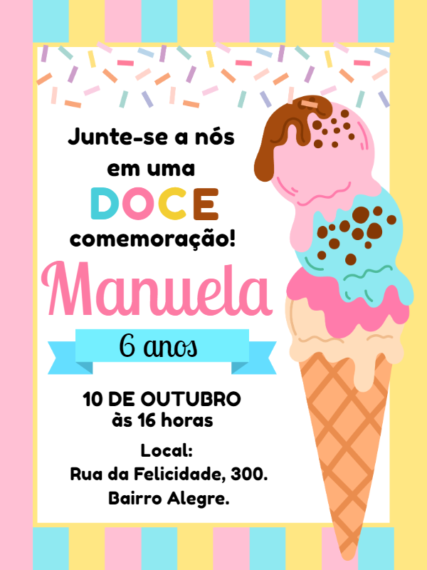 Convite de Aniversário Sorveteria para Editar Online