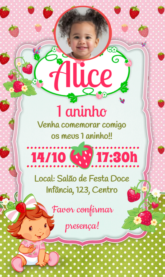 Convite Aniversário Moranguinho Baby com Foto para Editar Convite Aniversário Moranguinho Baby com Foto para Editar