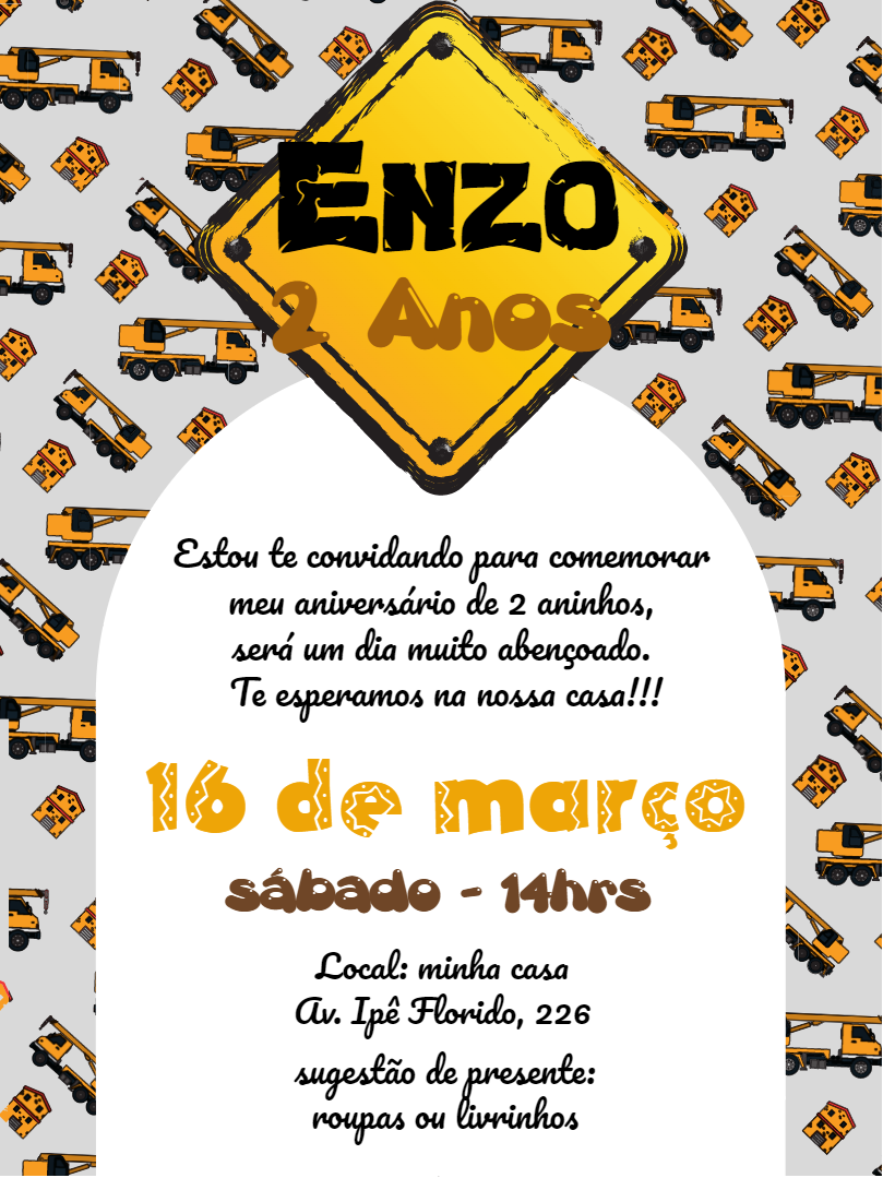 Convite Aniversário Construção com Tratores para Editar Convite Aniversário Construção com Tratores para Editar