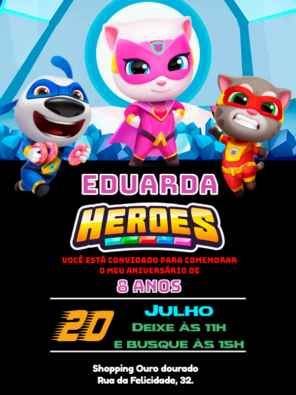Convite de Aniversário Talking Tom Heroes para Editar Online Convite de Aniversário Talking Tom Heroes para Editar Online