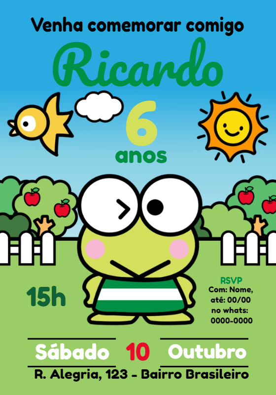 Convite de Aniversário Keroppi para Editar e Enviar Online Convite de Aniversário Keroppi para Editar e Enviar Online