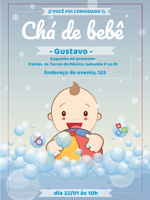 Convite Chá de Bebê Menino Azul com Bolhas para Editar Online Convite Chá de Bebê Menino Azul com Bolhas para Editar Online
