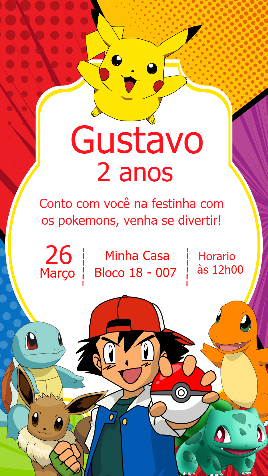 Convite de Aniversário Pokémon com Personagens para Editar Online Convite de Aniversário Pokémon com Personagens para Editar Online