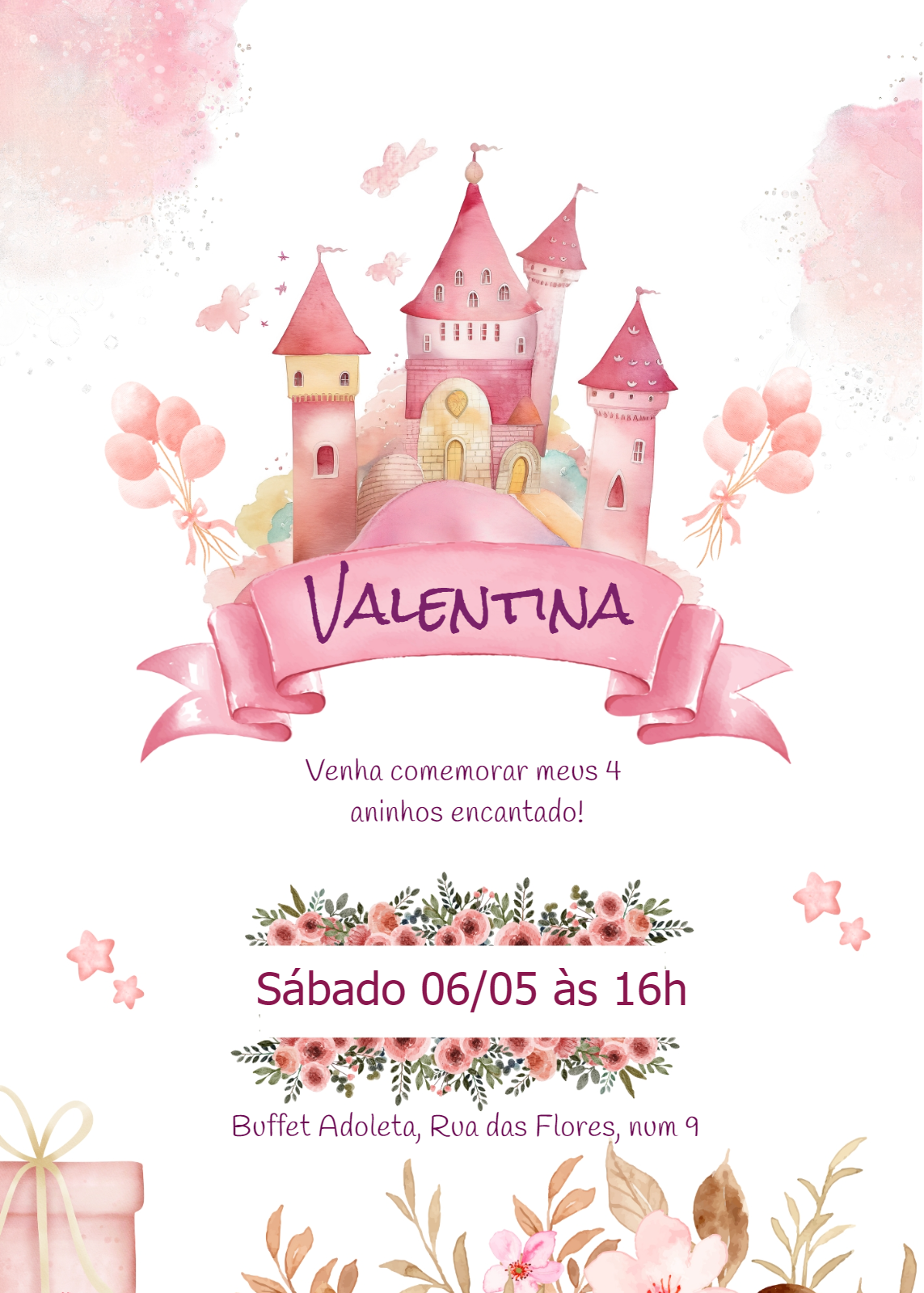 Convite Aniversário Castelo de Princesa Aquarela para Editar Online Convite Aniversário Castelo de Princesa Aquarela para Editar Online