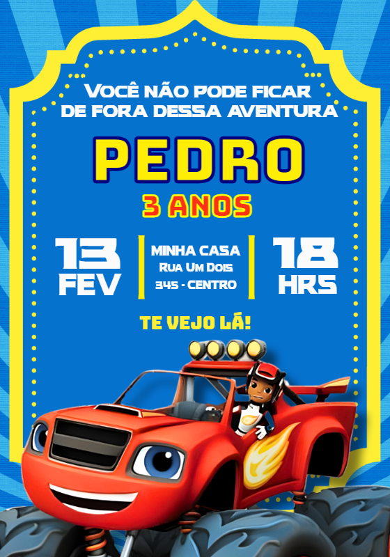 Convite Aniversário Blaze Monster Machines para Editar Online