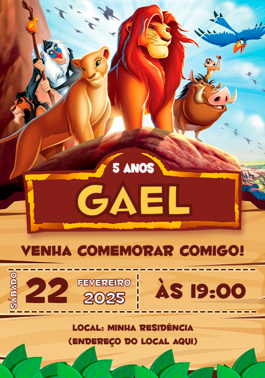 Convite de Aniversário Rei Leão com Personagens para Editar Convite de Aniversário Rei Leão com Personagens para Editar