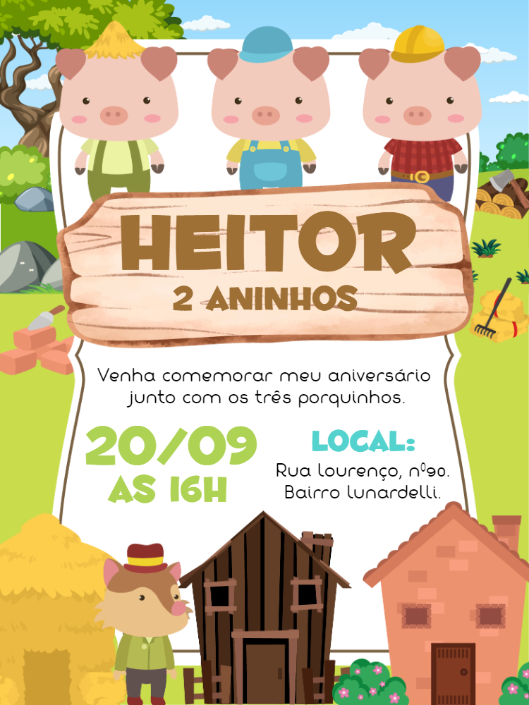 Convite Aniversário Três Porquinhos para Editar Online Convite Aniversário Três Porquinhos para Editar Online