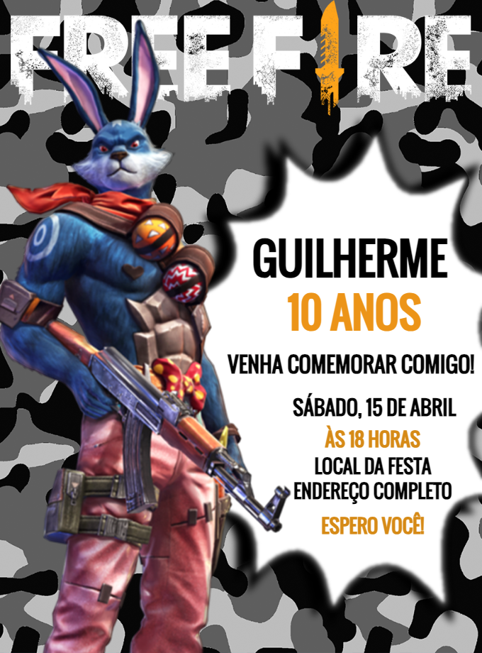 Convite de Aniversário Free Fire com Personagem para Editar Convite de Aniversário Free Fire com Personagem para Editar