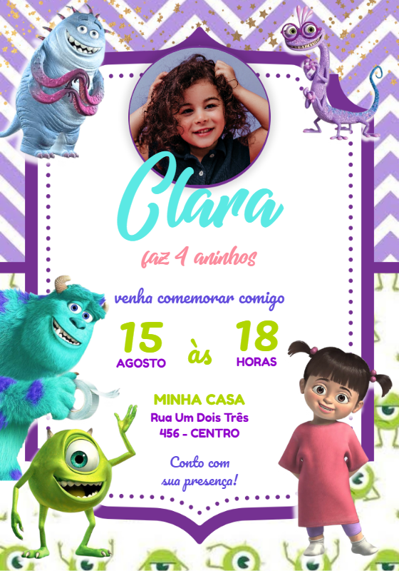 Convite Aniversário Monstros SA Menina com Foto para Editar Convite Aniversário Monstros SA Menina com Foto para Editar