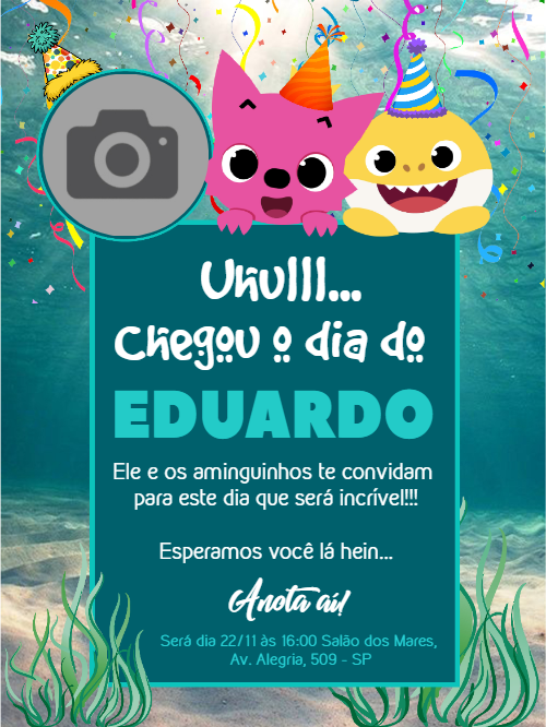 Convite de Aniversário Baby Shark com Foto para Editar Online Convite de Aniversário Baby Shark com Foto para Editar Online