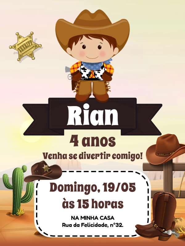 Convite de Aniversário Cowboy Infantil para Editar Online Convite de Aniversário Cowboy Infantil para Editar Online