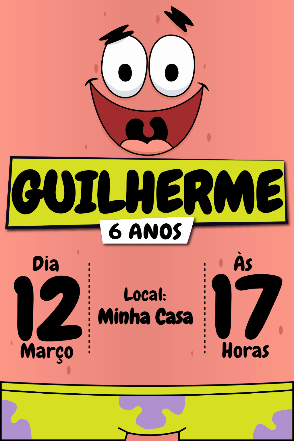 Convite Aniversário Patrick Estrela para Editar Online Convite Aniversário Patrick Estrela para Editar Online