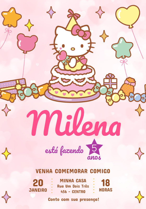 Convite Aniversário Hello Kitty Rosa para Editar Online Convite Aniversário Hello Kitty Rosa para Editar Online