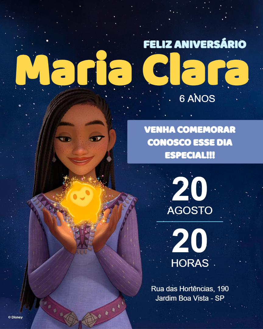 Convite de Aniversário Wish Disney com Asha para Editar Online Convite de Aniversário Wish Disney com Asha para Editar Online