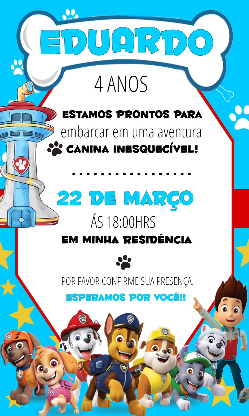 Convite de Aniversário Patrulha Canina para Editar Online