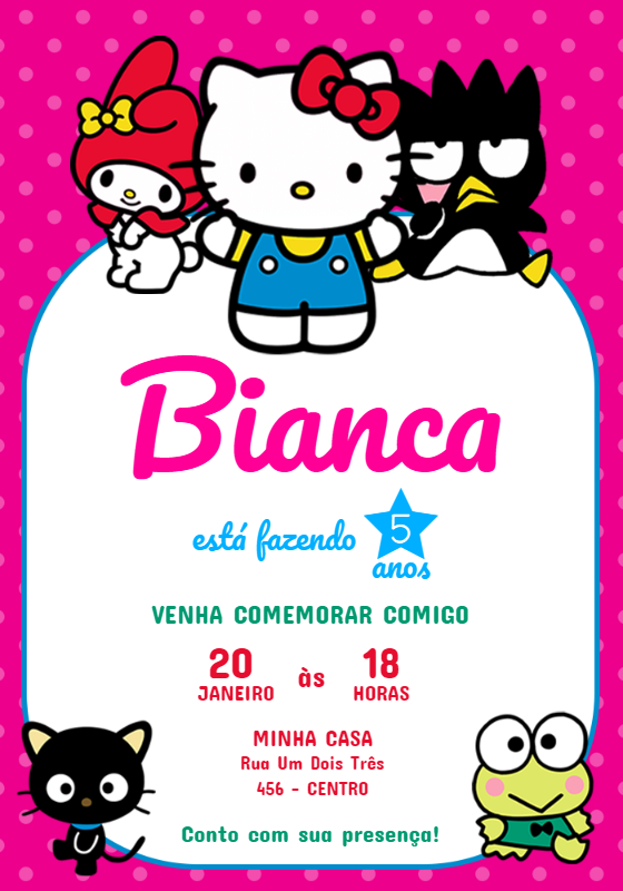 Convite de Aniversário Hello Kitty e Turma Rosa para Editar Convite de Aniversário Hello Kitty e Turma Rosa para Editar
