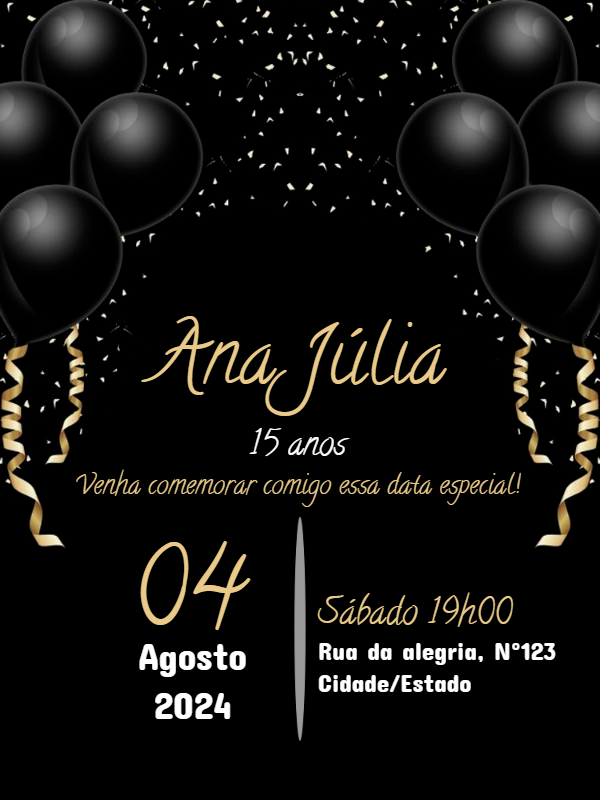 Convite de Aniversário All Black Elegante para Editar Online Convite de Aniversário All Black Elegante para Editar Online