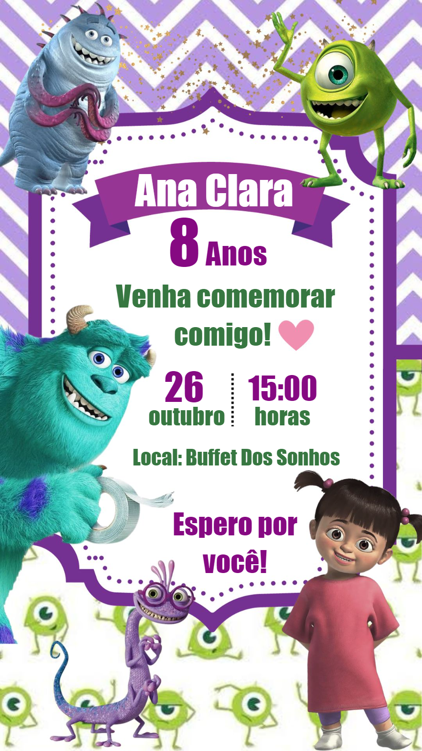 Convite Aniversário Monstros SA Menina para Editar Online