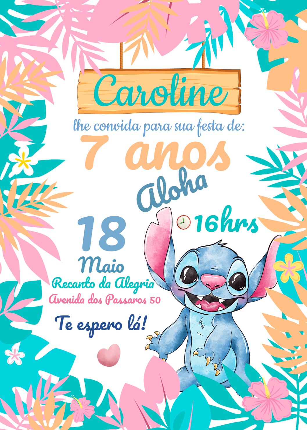 Convite Aniversário Stitch Aquarela para Editar Online Convite Aniversário Stitch Aquarela para Editar Online
