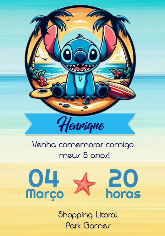 Convite de Aniversário Stitch Praia Tropical para Editar Online Convite de Aniversário Stitch Praia Tropical para Editar Online