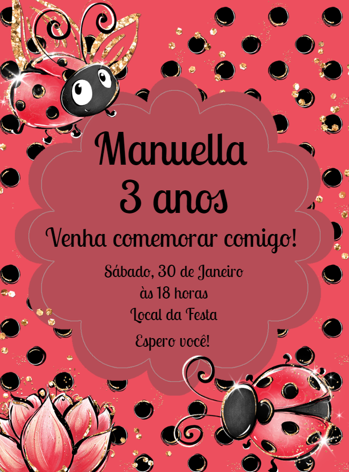 Convite Aniversário Joaninha Fofa para Editar Online Convite Aniversário Joaninha Fofa para Editar Online