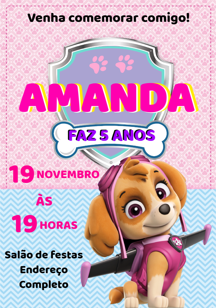 Convite de Aniversário Skye Patrulha Canina para Editar Online Convite de Aniversário Skye Patrulha Canina para Editar Online