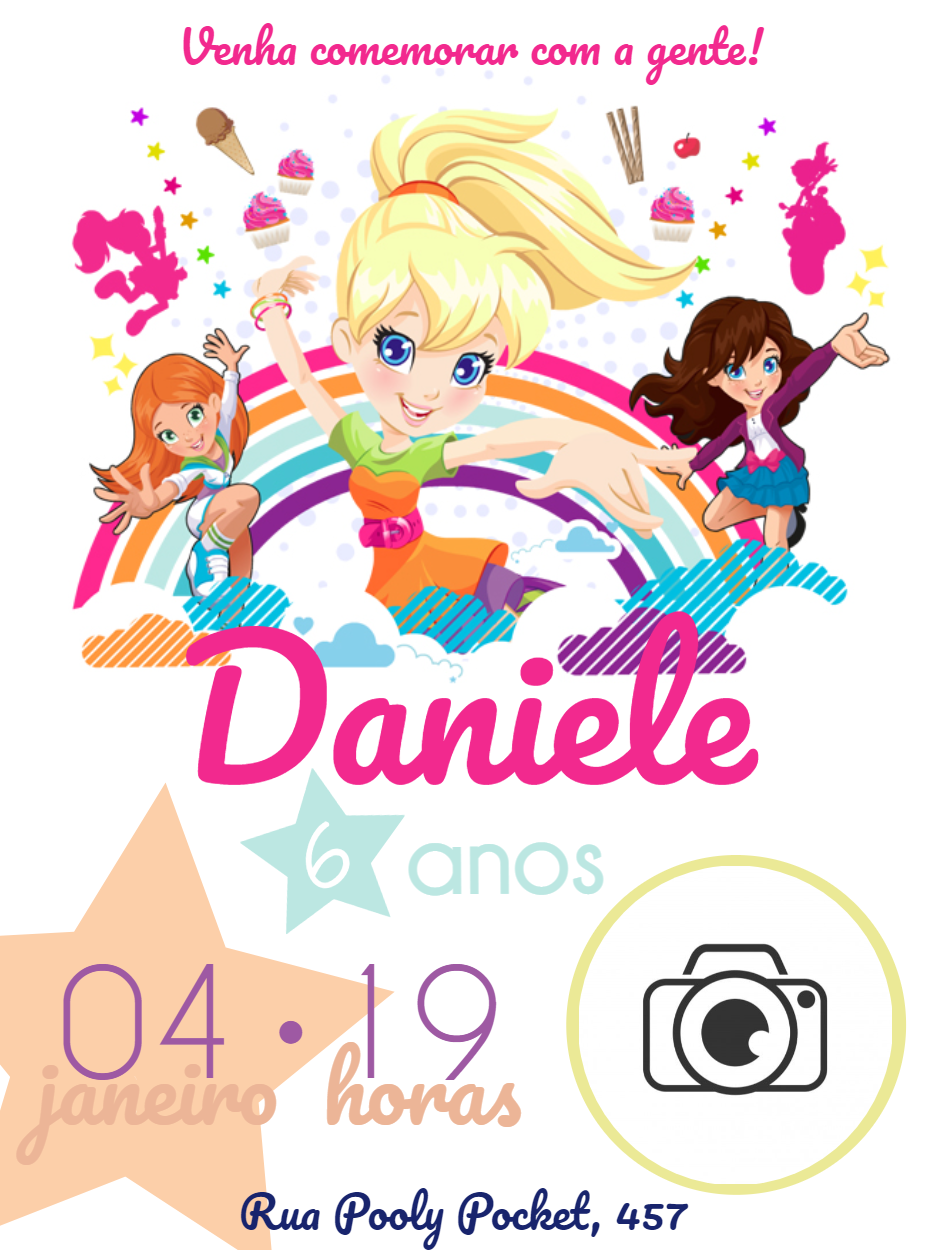 Convite de Aniversário Polly Pocket com Foto para Editar Online Convite de Aniversário Polly Pocket com Foto para Editar Online