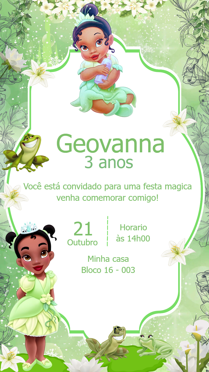 Convite de Aniversário Princesa Tiana para Editar Online Convite de Aniversário Princesa Tiana para Editar Online