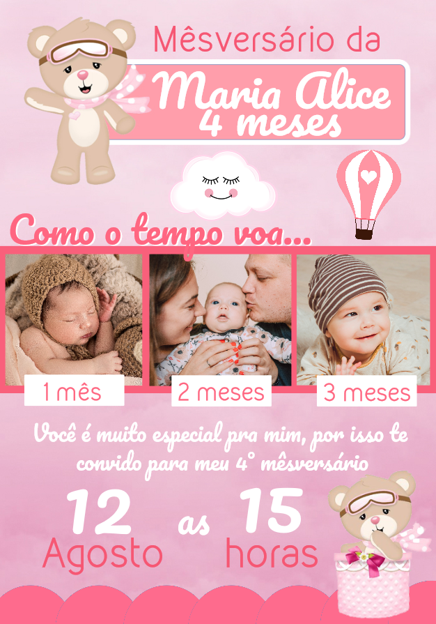 Convite Mêsversário Ursinha Baloeira com Foto para Editar Convite Mêsversário Ursinha Baloeira com Foto para Editar