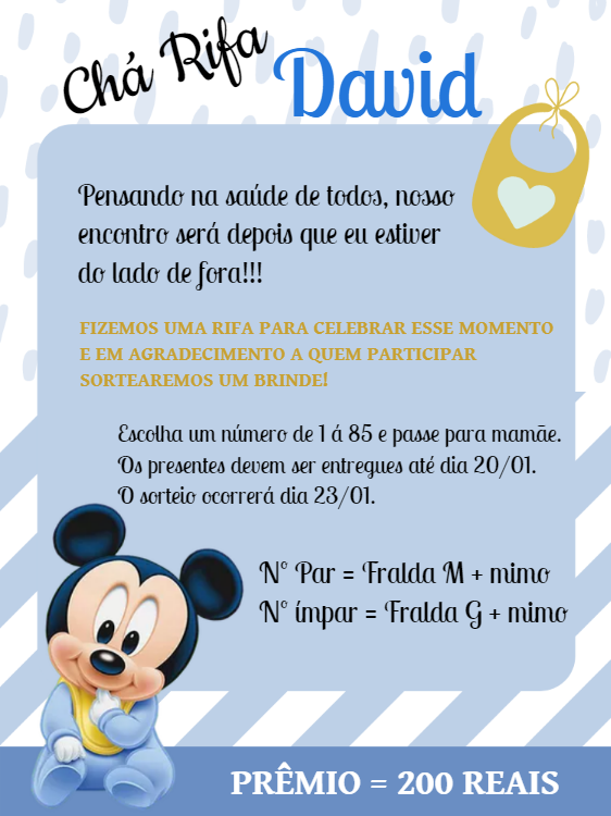 Convite Chá Rifa Mickey Baby para Editar Online Convite Chá Rifa Mickey Baby para Editar Online