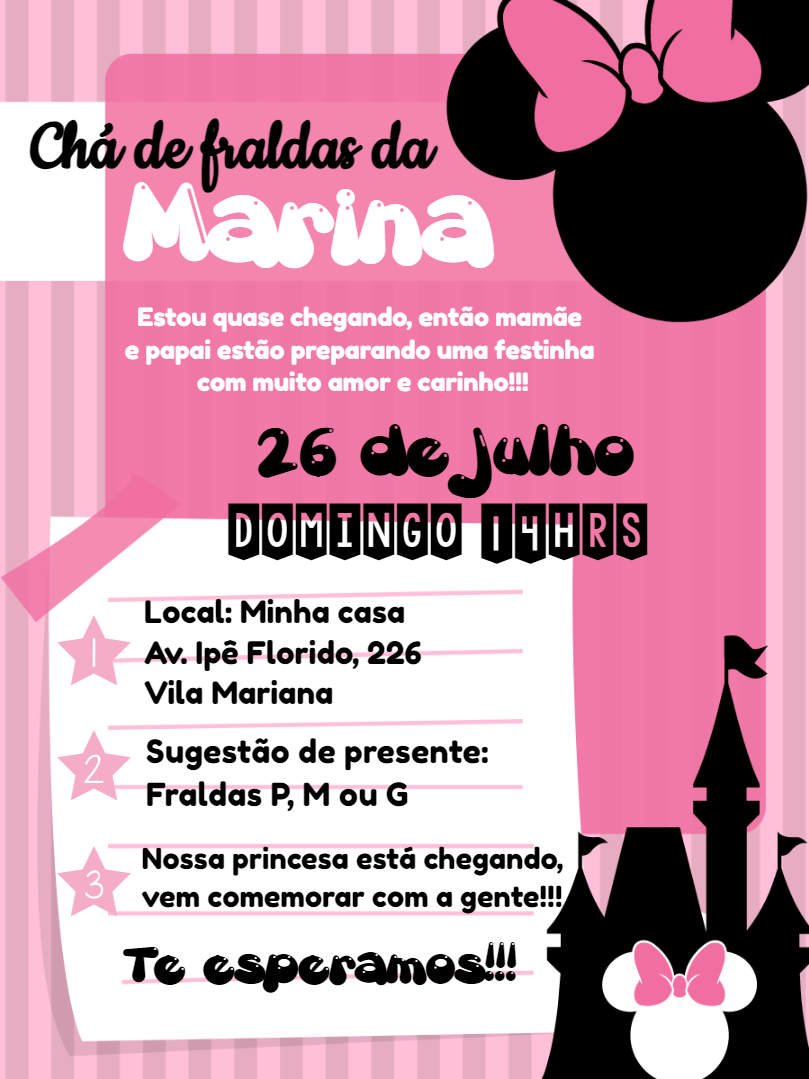 Convite Chá de Fraldas Minnie Rosa para Editar Online Convite Chá de Fraldas Minnie Rosa para Editar Online