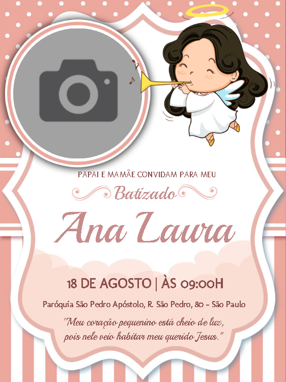 Convite de Batizado Rosa com Foto para Editar Online