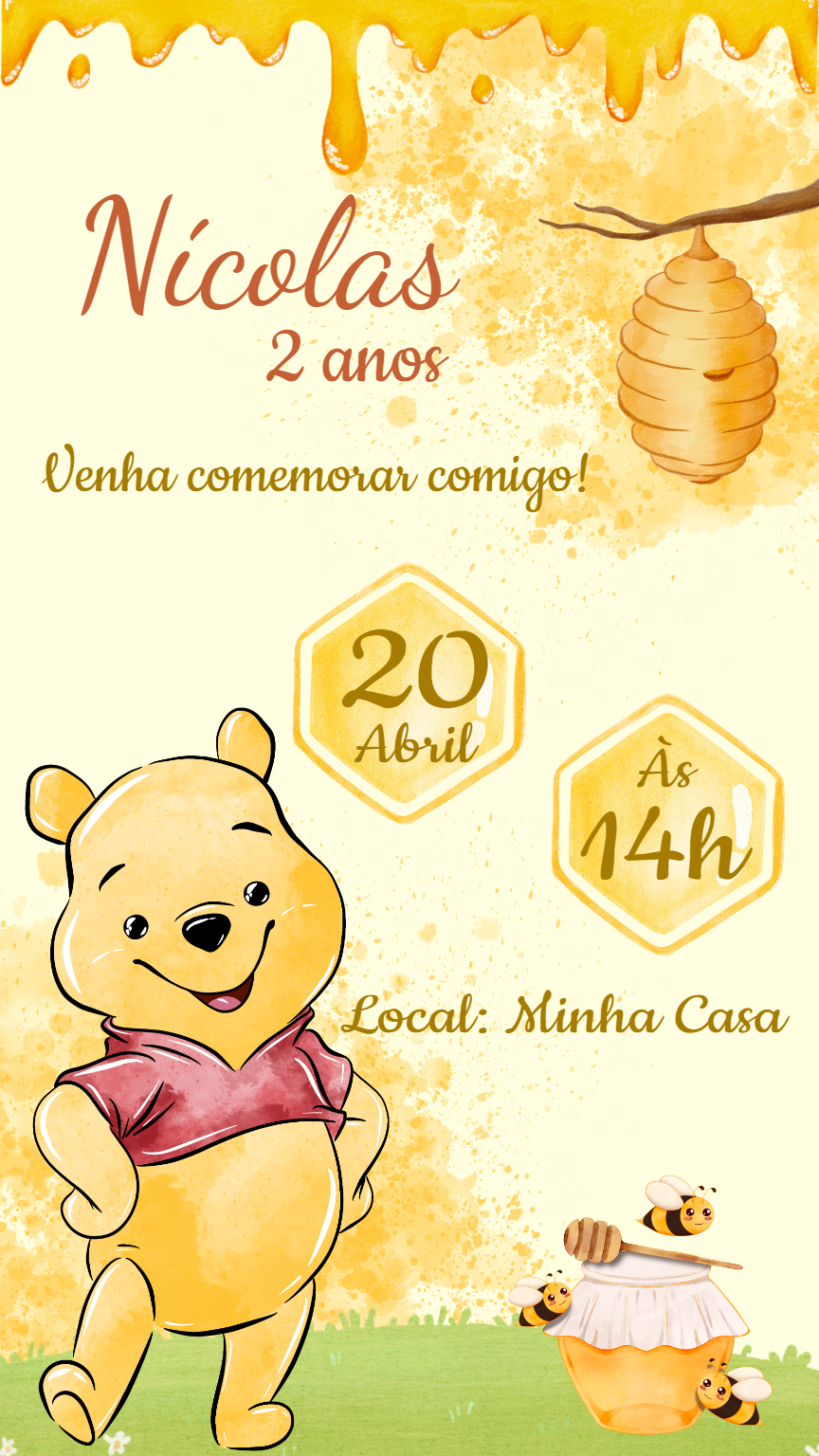 Convite Aniversário Ursinho Pooh Aquarela para Editar Online Convite Aniversário Ursinho Pooh Aquarela para Editar Online