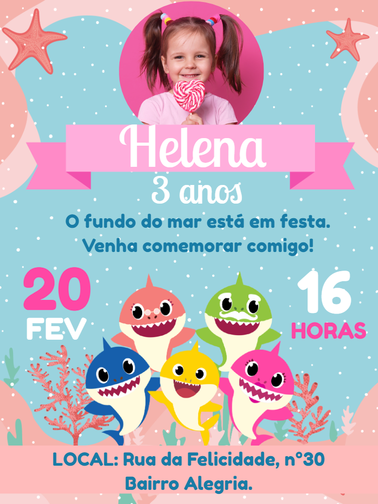 Convite Aniversário Baby Shark com Foto para Editar Online Convite Aniversário Baby Shark com Foto para Editar Online