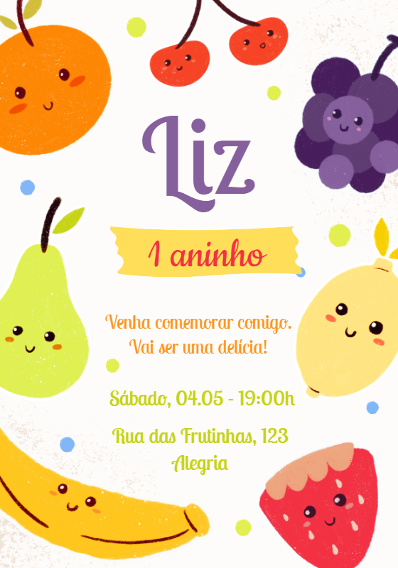 Convite Aniversário Tema Frutinhas Cute para Editar Online Convite Aniversário Tema Frutinhas Cute para Editar Online